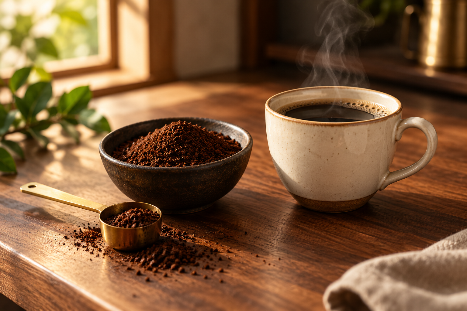 Ground coffee and a brass scoop beside a steaming ceramic cup