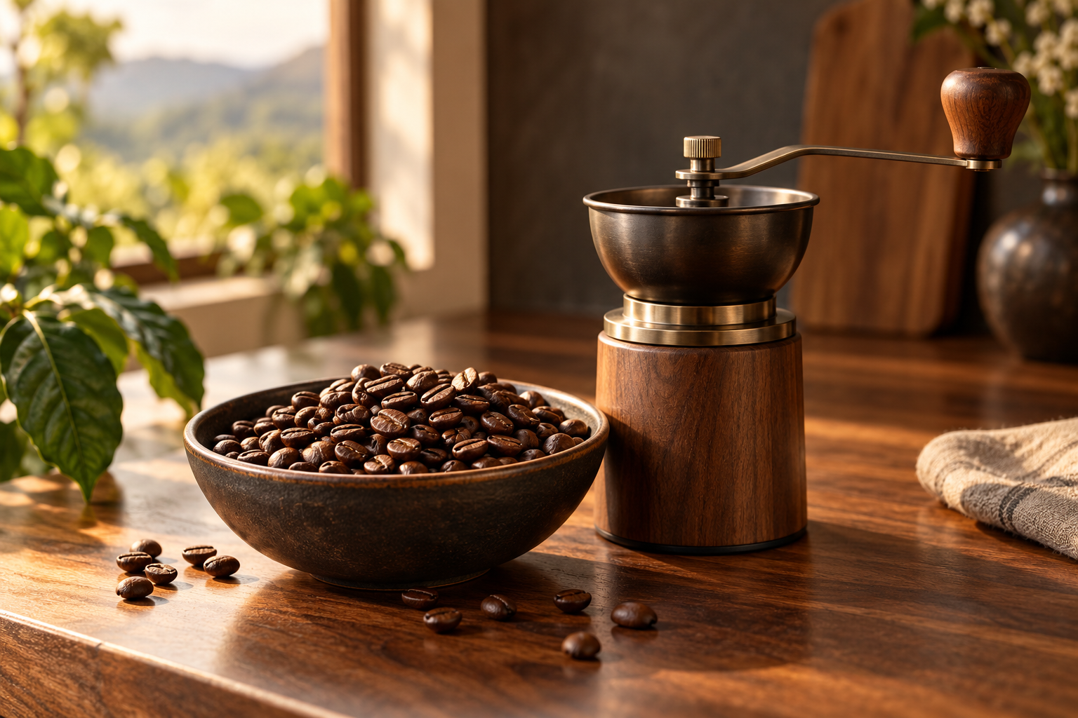 Roasted whole coffee beans beside a manual grinder in warm window light